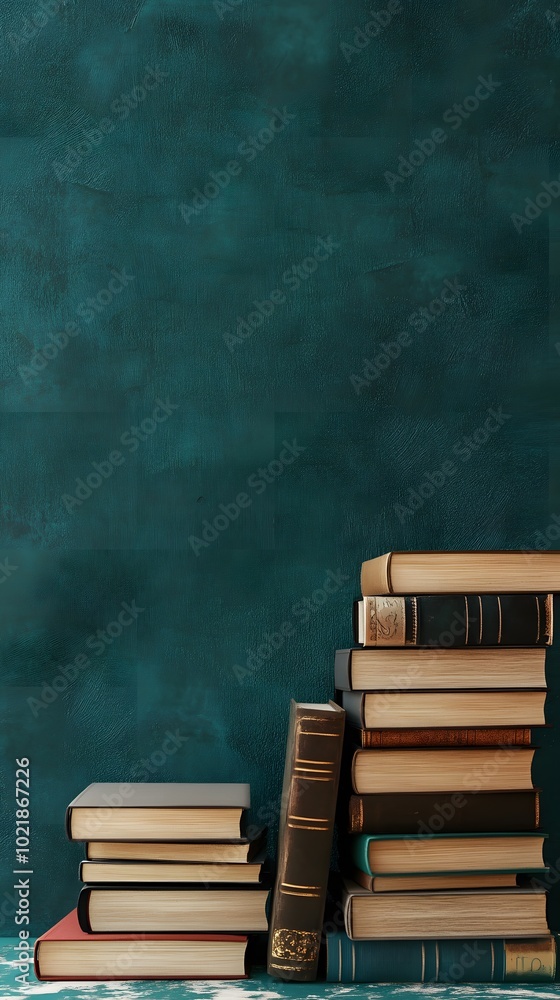 Photo of a stack of books on an empty shelf with a teal background, representing education and knowledge Photo of a stack of books on an empty shelf with a teal background, representing education and knowledge