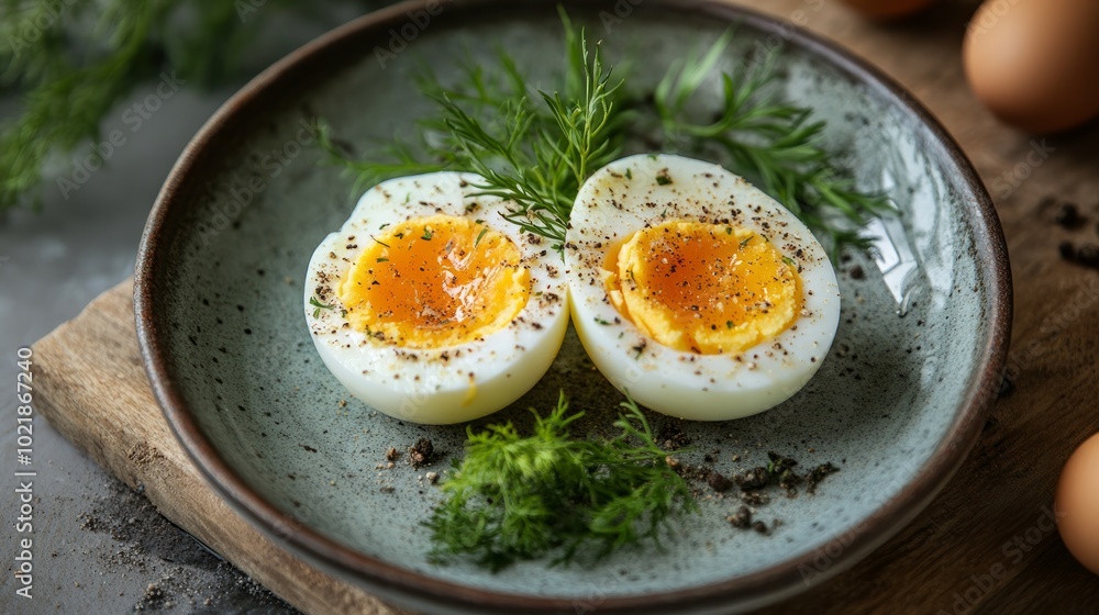 Two halves of a hard boiled egg on a plate with dill and black pepper. Two halves of a hard boiled egg on a plate with dill and black pepper.