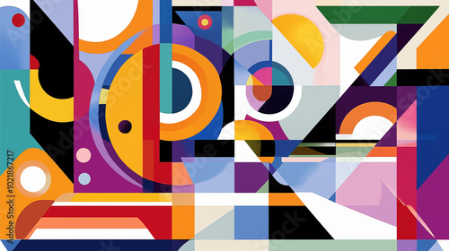vibrant colors and geometric shapes, creating a visually appealing representation of the modernist movement in painting. elements like circles, squares, triangles, curves, and lines, repres