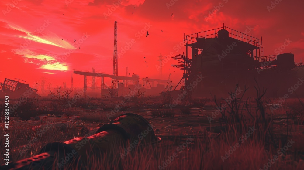 apocalyptic wasteland with rusted machinery and a blood-red sky. A dramatic, red-hued landscape featuring industrial ruins under an ominous sky, depicting a desolate and haunting atmosphere.