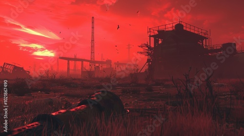 apocalyptic wasteland with rusted machinery and a blood-red sky. A dramatic, red-hued landscape featuring industrial ruins under an ominous sky, depicting a desolate and haunting atmosphere.