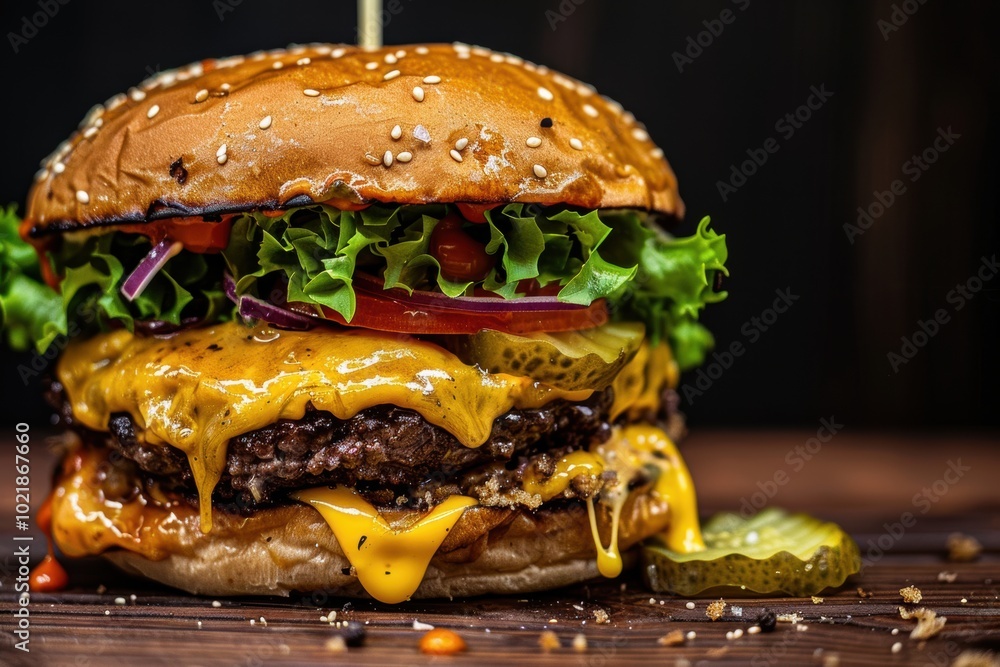 double cheeseburger. A mouthwatering cheeseburger stacked with juicy beef, melty cheese, fresh veggies, and pickles on a sesame seed bun, served on a rustic wooden surface.