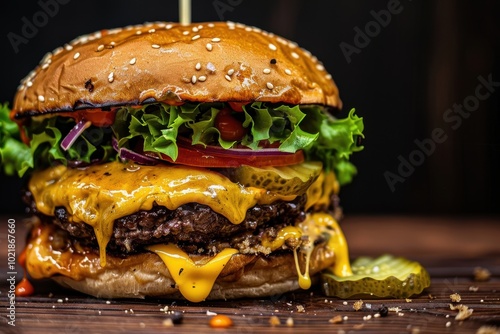 Obraz na płótnie double cheeseburger. A mouthwatering cheeseburger stacked with juicy beef, melty cheese, fresh veggies, and pickles on a sesame seed bun, served on a rustic wooden surface. w salonie