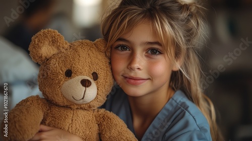 A young girl in a blue shirt smiles at the camera while hugging a teddy bear.