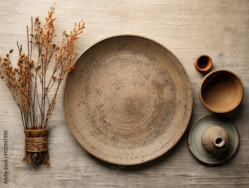 lat lay composition of autumn harvest pottery and copy space. Rustic stoneware with fall decor. neutral plate on neutral background with pumpkins and herbs. Wabi sabi potteryn. Food blog concept photo