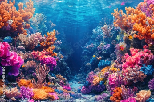 A vibrant underwater scene with a coral reef teeming with colorful fish and plants.