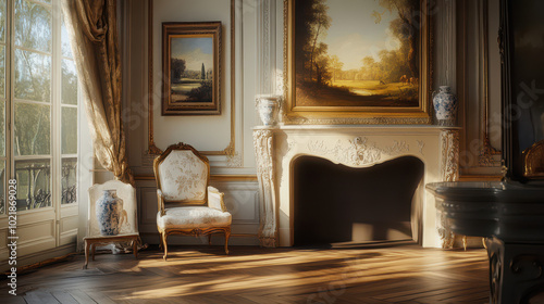 Charming French Country Sitting Room: Ornate Fireplace, Bergère Chair, and Gilt-Framed Art Under Natural Daylight. Elegant Commercial-Grade Interior Design. photo