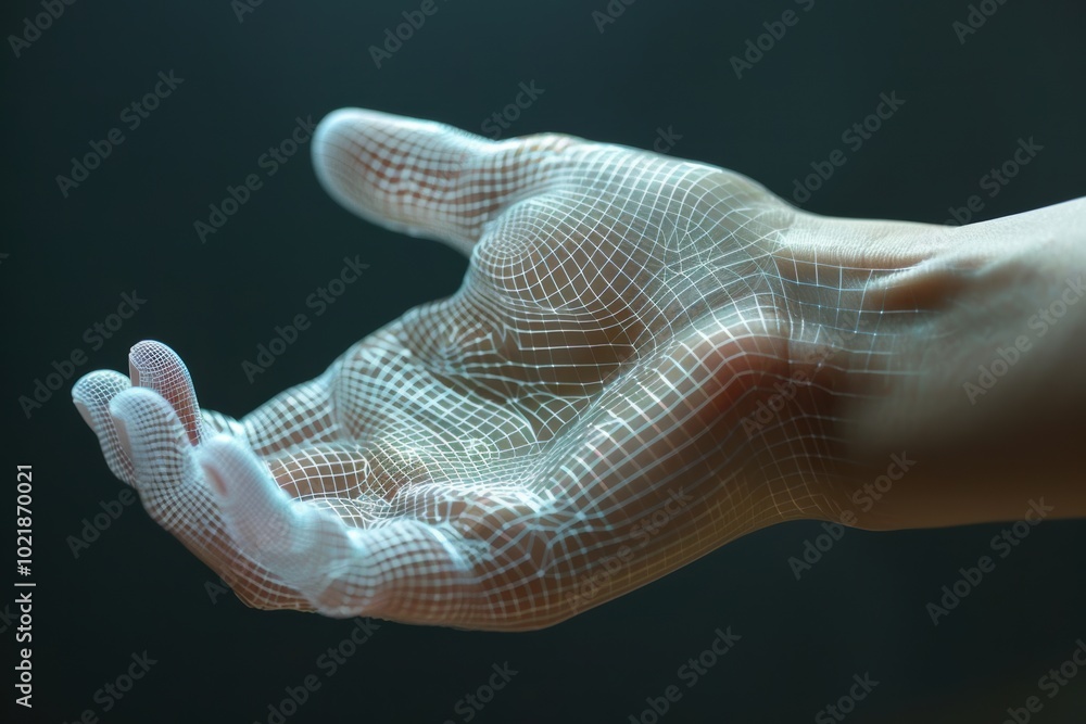 Mesh wireframe hand activity. A digitally rendered hand displays intricate patterns, symbolizing innovation, technology, and human interaction with data.