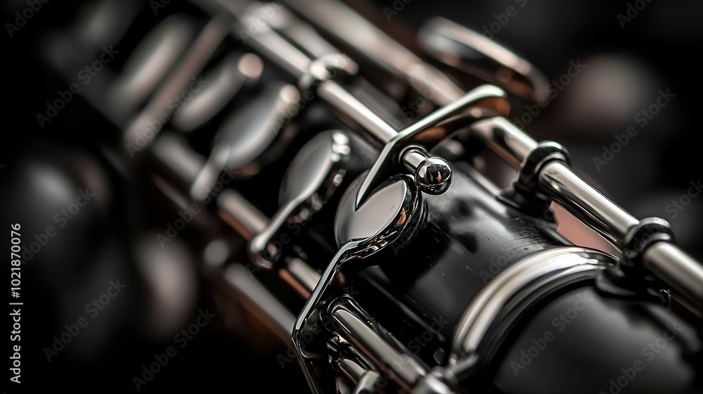 Fototapeta premium A close-up view of a woodwind instrument showcases its intricate keys and polished finish, highlighting craftsmanship and musical elegance.