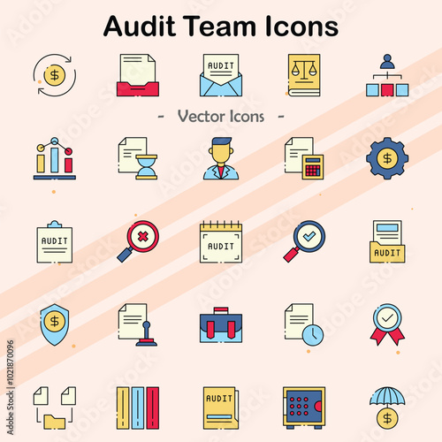 Icons representing audit teams and financial auditing processes.