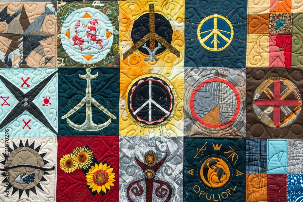 A patchwork quilt with symbols of peace and unity from around the world A patchwork quilt with symbols of peace and unity from around the world