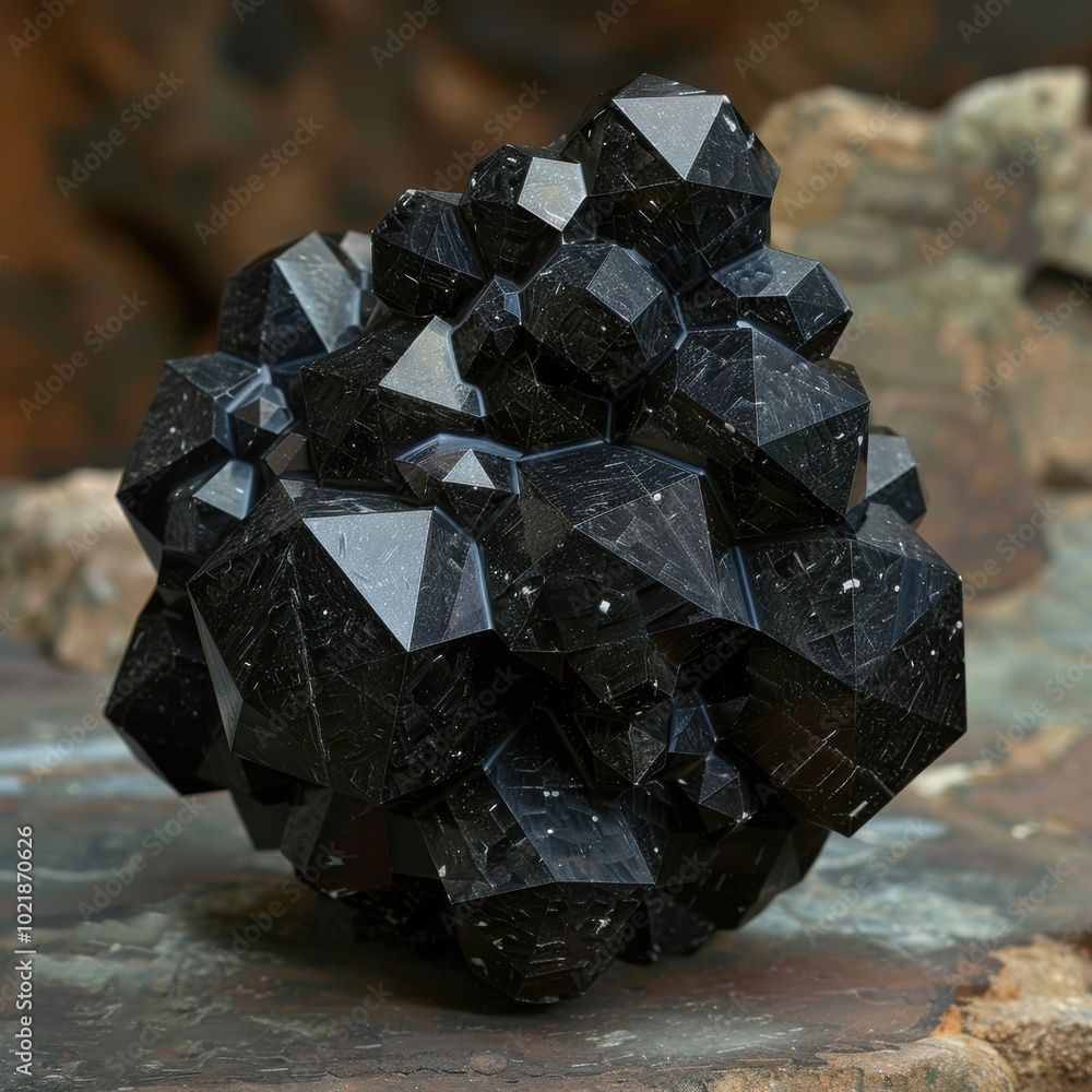 A mineral cluster of shiny black crystals displaying unique geometric shapes and textures on a natural stone surface.