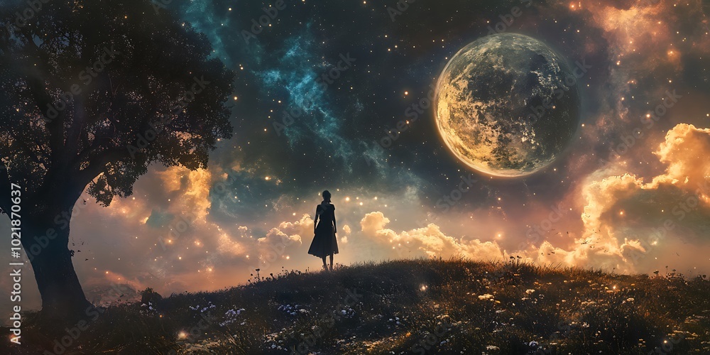 Fototapeta premium Silhouette of a Woman Gazing at Giant Moon in Fantasy Landscape