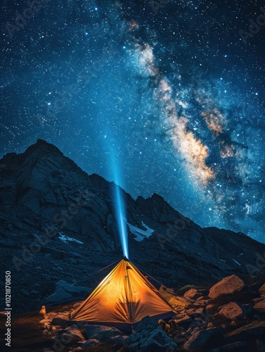 A glowing tent under a starry sky illuminates the majestic mountains, showcasing the beauty of nature and the universe.