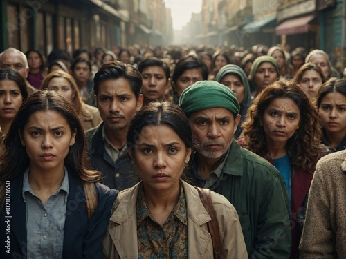 A crowd of diverse individuals stands silently on a busy street, expressing concern and uncertainty in an urban setting.