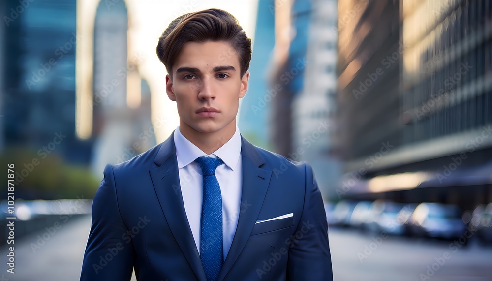 18-year-old Tall American white man, with clean black hair, wearing a business suit and blue and standing against a blurred city and building. 18-year-old Tall American white man, with clean black hair, wearing a business suit and blue and standing against a blurred city and building.