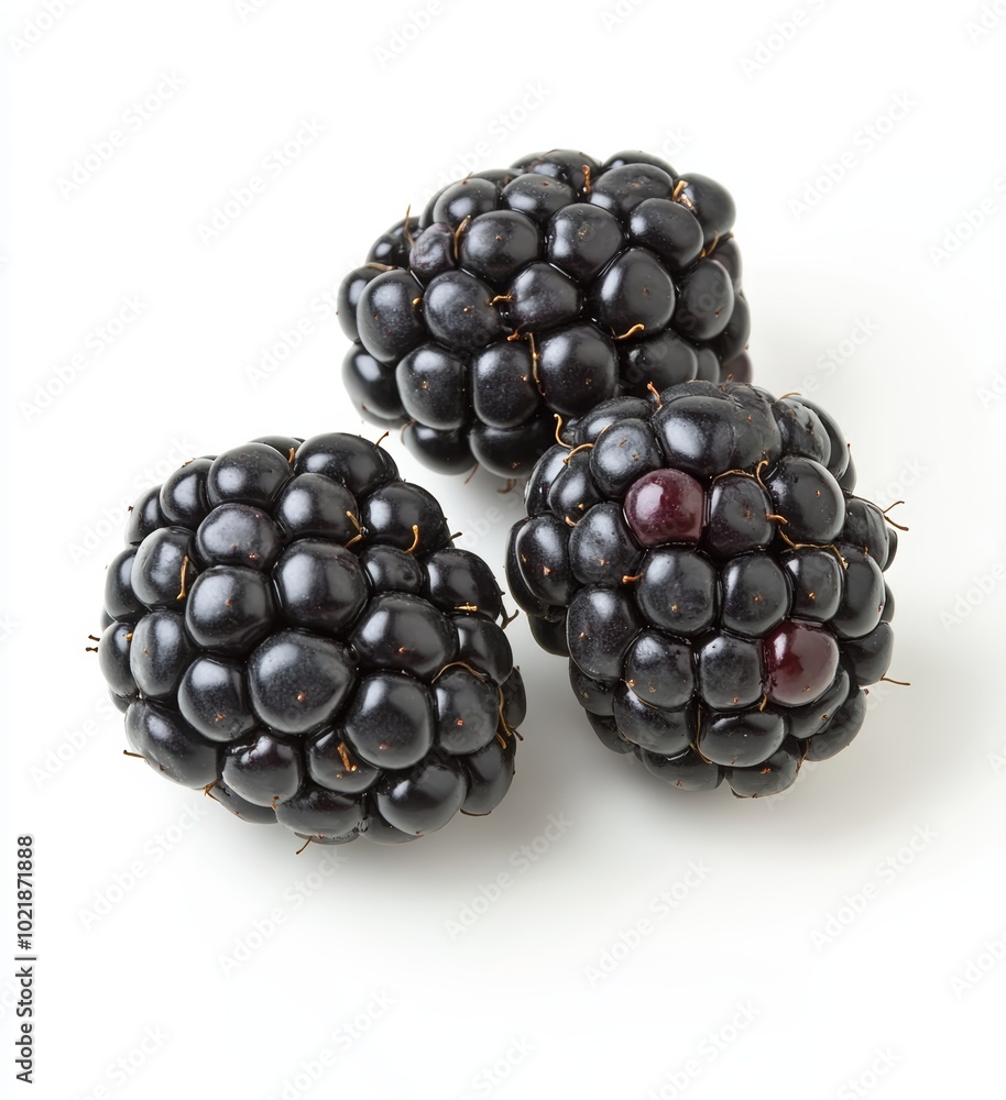 Plump blackberries are showcased against a clean white backdrop, highlighting their rich, dark color and juicy appearance Plump blackberries are showcased against a clean white backdrop, highlighting their rich, dark color and juicy appearance