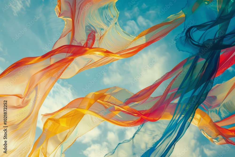 Obraz premium Colorful fabrics flowing in the wind against a blue sky with white clouds