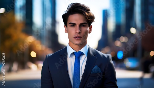 18-year-old Tall American white man, with clean black hair, wearing a business suit and blue and standing against a blurred city and building.