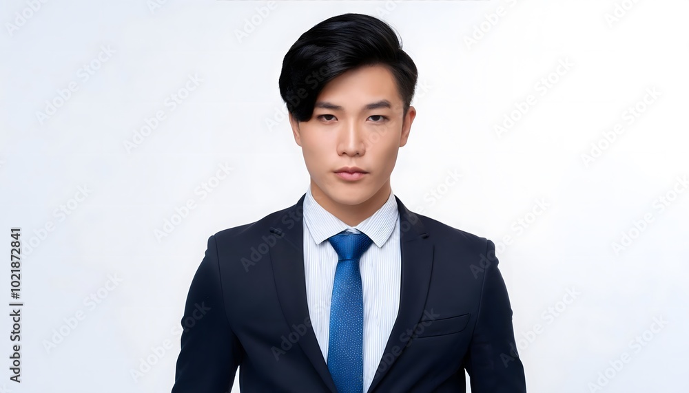 18-year-old Tall American man, with clean stylish black hair, wearing a business suit. Isolated on a white background. 18-year-old Tall American man, with clean stylish black hair, wearing a business suit. Isolated on a white background.