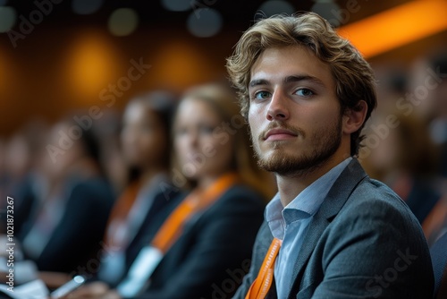 A young man in a suit sits in an audience during a conference, looking directly at the camera.