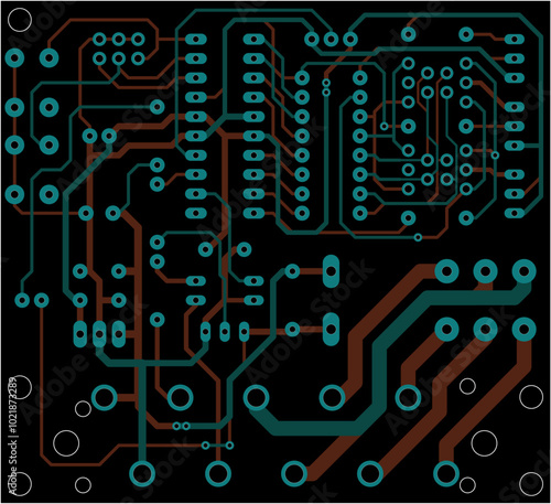 Tracing conductors of printed circuit board
of electronic device. Vector engineering technic computer
drawing of pcb design. Electric background. Cad pattern.
