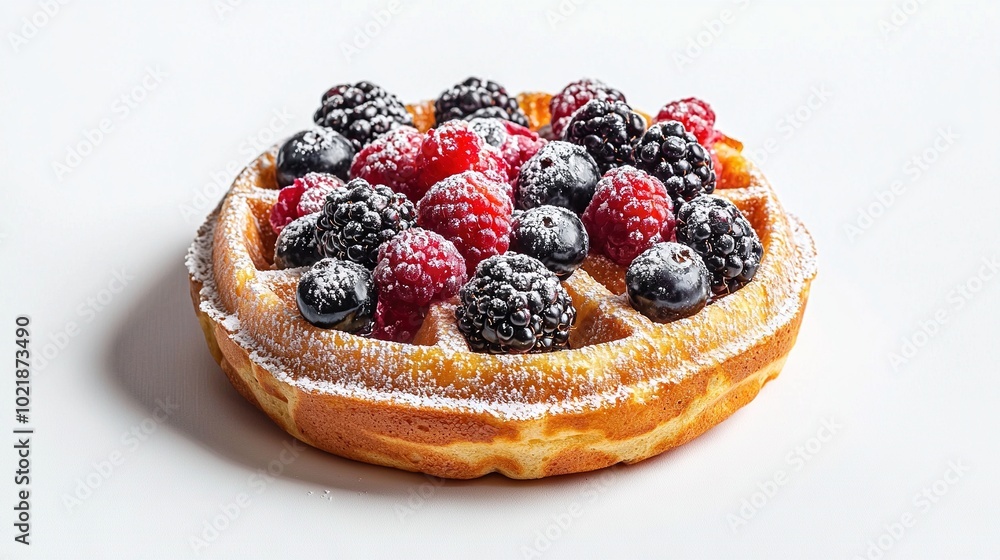 A powdered waffle with berries and powdered sugar on a white table against a white background A powdered waffle with berries and powdered sugar on a white table against a white background