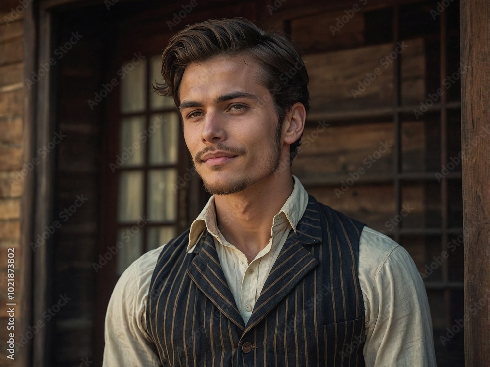 A young nobleman exudes confidence in stylish attire outside a rustic building, embodying vintage charm. A young nobleman exudes confidence in stylish attire outside a rustic building, embodying vintage charm.