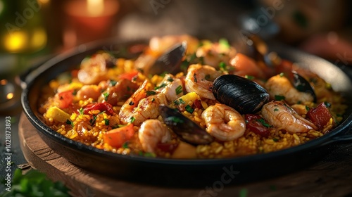 A steaming dish of paella with shrimp, mussels, and chorizo in a cast iron pan.