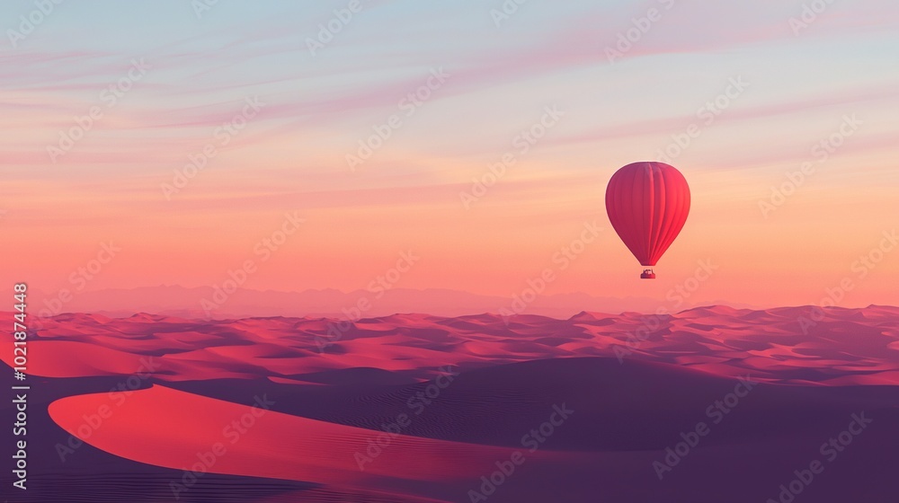 A hot air balloon soars through the blue sky against a backdrop of golden sand dunes, creating a picturesque scene in the arid desert landscape A hot air balloon soars through the blue sky against a backdrop of golden sand dunes, creating a picturesque scene in the arid desert landscape