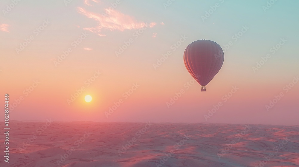 Fototapeta premium A hot air balloon soars above a sandy beach during sunrise, with the sun casting a warm glow over the horizon
