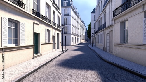 The sunset casts a warm glow over the deserted streets of Paris, lined with luxury stores featuring white walls and black windows, creating a serene and elegant ambiance