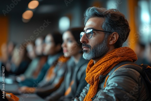 Wallpaper Mural A man with gray hair and a beard wearing glasses, an orange scarf, and a gray jacket is listening intently to a speaker at a conference. Torontodigital.ca