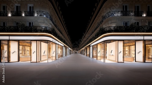 Fototapeta Naklejka Na Ścianę i Meble -  The sunset casts a warm glow over the deserted streets of Paris, lined with luxury stores featuring white walls and black windows, creating a serene and elegant ambiance
