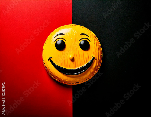 Happy Emoji Ball on Red and Black Background: Symbol of Black Friday, Euphoric Shopping and Desire to Buy