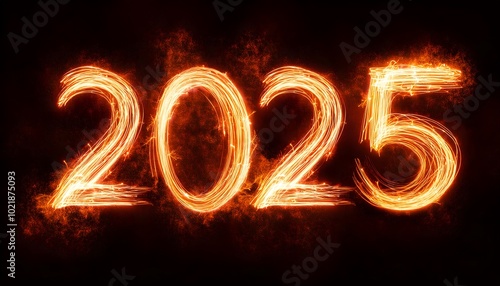 2025 fire text effect, isolated on a dark background, colorful banner. Fire Text, New Year Background banner