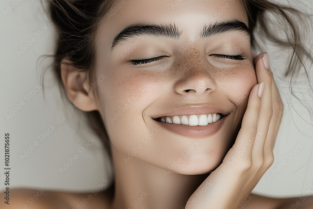 Lächelnde Frau mit makellosem Gesicht und strahlend schöner Haut, Beauty Face für Kosmetikwerbung, Ebenmäßigen Teint Lächelnde Frau mit makellosem Gesicht und strahlend schöner Haut, Beauty Face für Kosmetikwerbung, Ebenmäßigen Teint