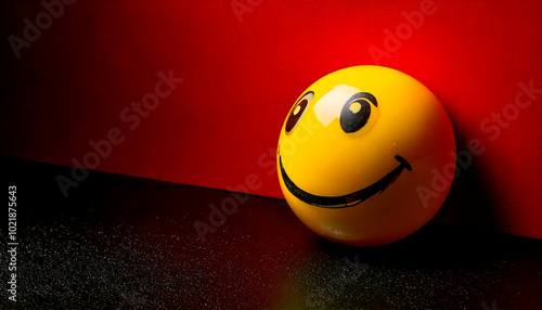 Happy Emoji Ball on Red and Black Background: Symbol of Black Friday, Euphoric Shopping and Desire to Buy