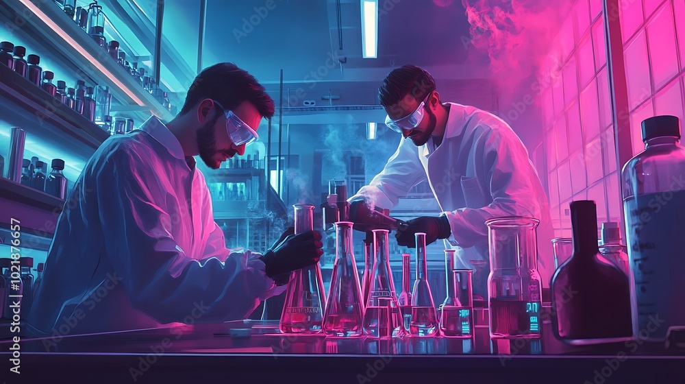 Two scientists working in a laboratory with neon lights. Concept of research, science, experimentation, innovation, and discovery