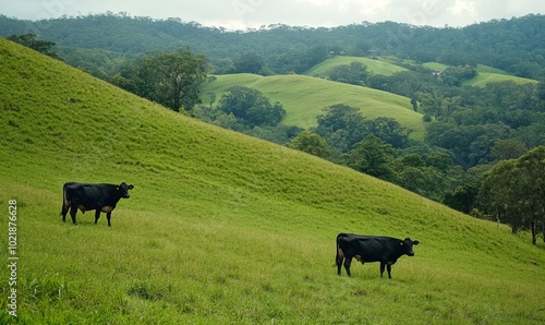 Dark coloured cows on a green hillside pasture just outside of the town of Dorrigo photo