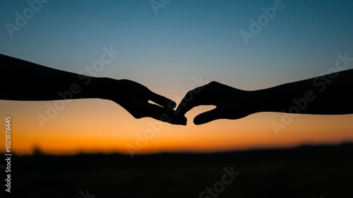 A pair of hands gently touching, silhouetted against a calm, twilight sky. generative ai