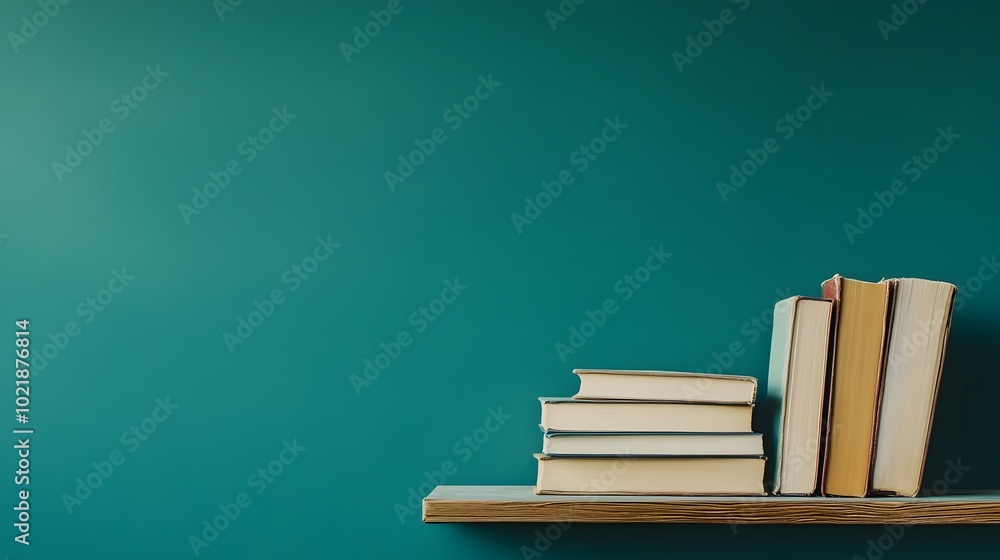 Photo of a stack of books on an empty shelf with a teal background, representing education and knowledge Photo of a stack of books on an empty shelf with a teal background, representing education and knowledge