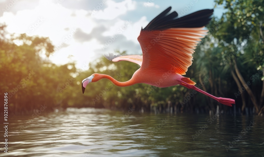 Fototapeta premium Dynamic Flamingo Flight Over Water