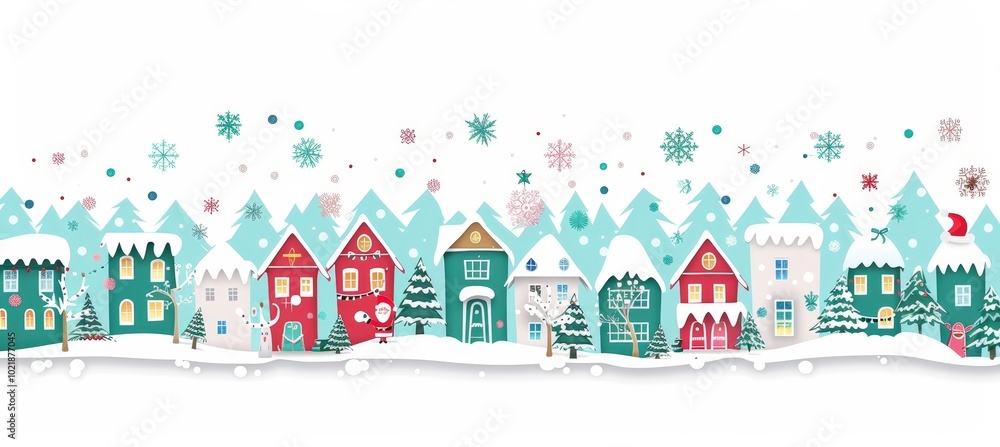 Obraz premium Christmas Winter Wonderland Town Seamless Pattern Colorful Festive Houses, Snowflakes, And Trees