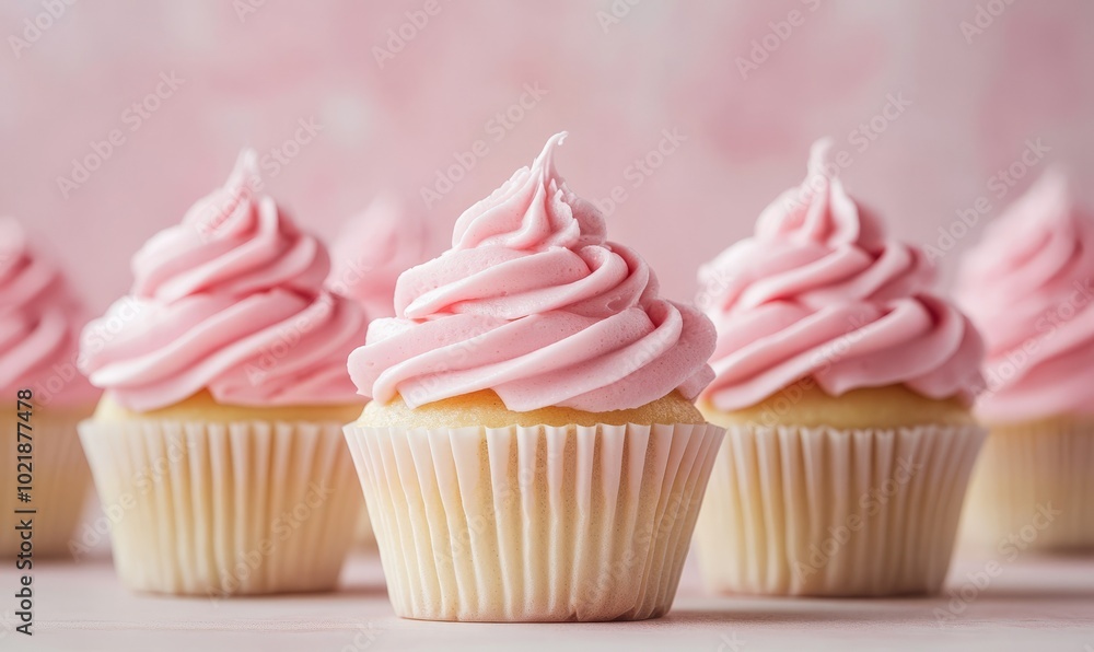 Delicate vanilla cupcakes topped with generous pink frosting swirls, set against a soft pastel background, showcasing a meticulously decorated and visually appealing dessert treat Delicate vanilla cupcakes topped with generous pink frosting swirls, set against a soft pastel background, showcasing a meticulously decorated and visually appealing dessert treat