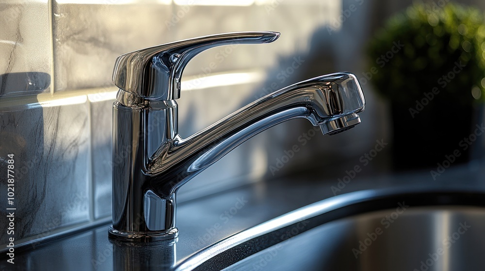 A modern kitchen faucet with a sleek design and reflective surface. A modern kitchen faucet with a sleek design and reflective surface.