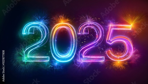 2025 neon shiny Sparkles text effect, isolated on a dark background, colorful banner. New Year Background banner