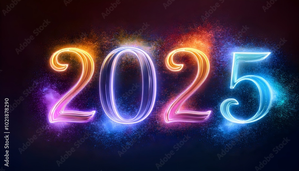 2025 neon shiny Sparkles text effect, isolated on a dark background, colorful banner. New Year Background banner 2025 neon shiny Sparkles text effect, isolated on a dark background, colorful banner. New Year Background banner