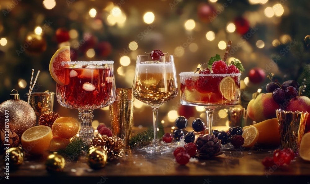 Festive New Year Eve cocktails arranged on a bar, garnished with fruit and served in elegant glasses, ready for toasting Festive New Year Eve cocktails arranged on a bar, garnished with fruit and served in elegant glasses, ready for toasting