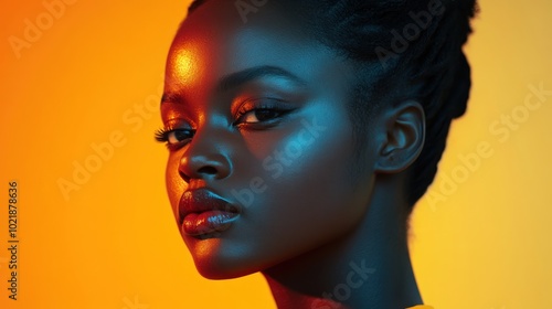 Close-up portrait of a young woman with dark skin and blue and orange lighting.